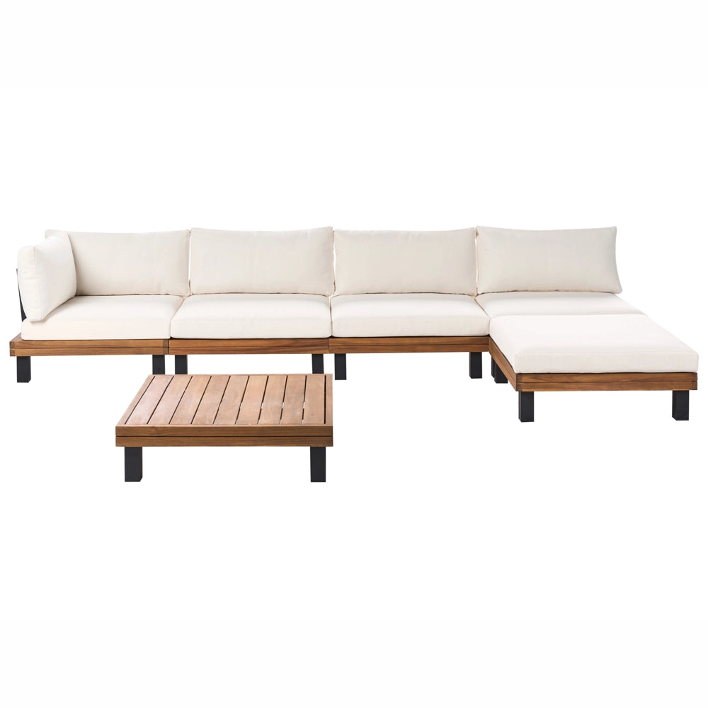 Set divano angolare modulare da giardino Tavolino in legno di acacia certificato con Cuscini in poliestere bianco sporco