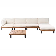 Set divano angolare modulare da giardino Tavolino in legno di acacia certificato con Cuscini in poliestere bianco sporco