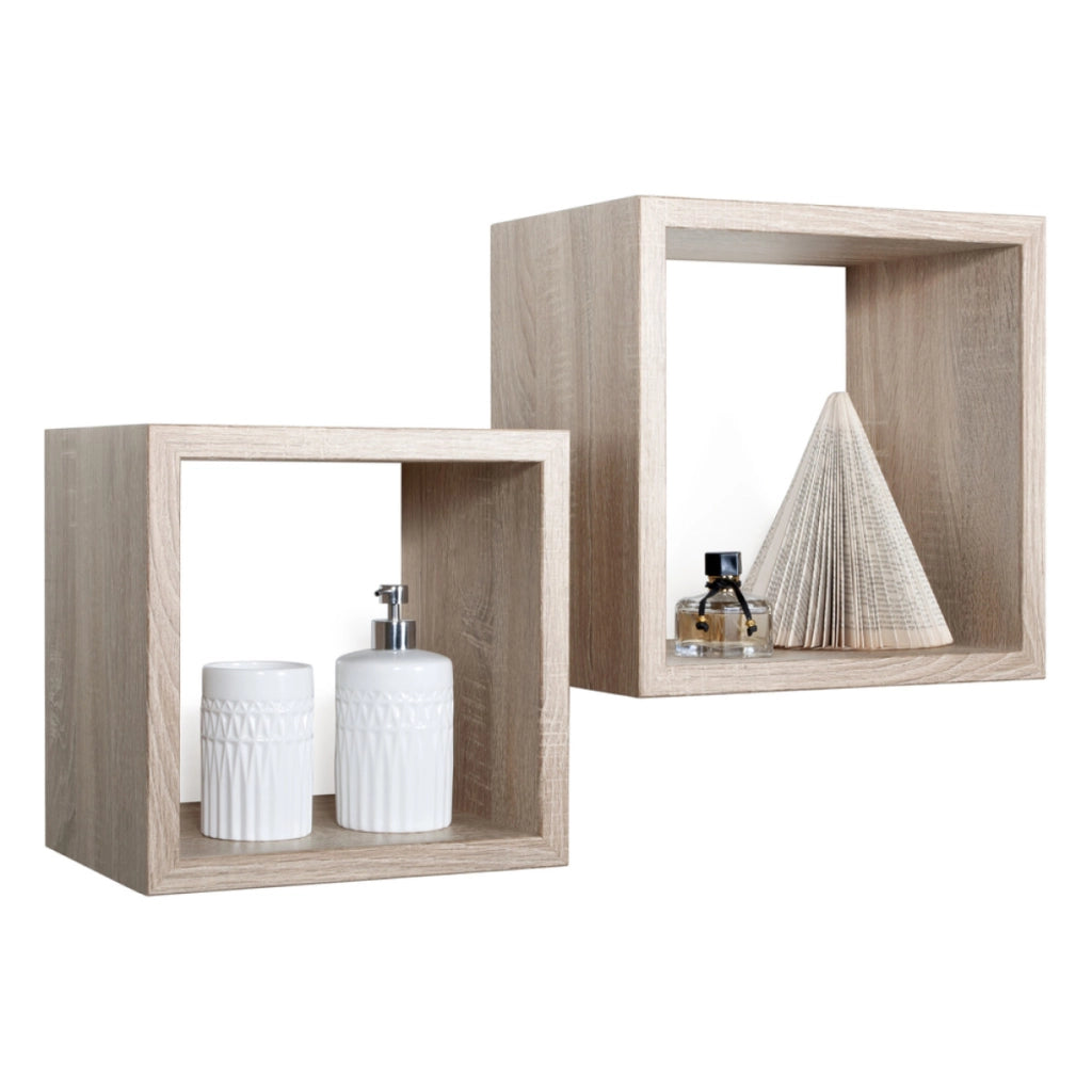 Set di 2 Mensole da Muro Modello Q-BIS MAXI, Cubi Arredo, Mensole Cubo, Cubi da Parete. Misure 35x35 p23.7 cm e 31x31 p23.7 cm. Finitura  ROV. NATURALE/SAGERAU - MADE IN ITALY