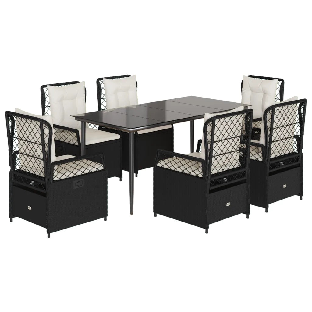 Set da Pranzo da Giardino 7 pz Nero con Cuscini in Polyrattan