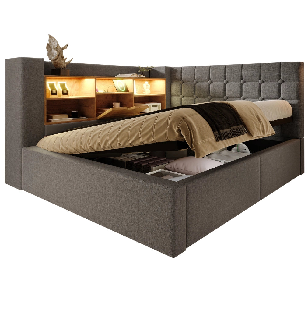 Letto imbottito 140x200 cm con LED, vano contenitore e testiera L