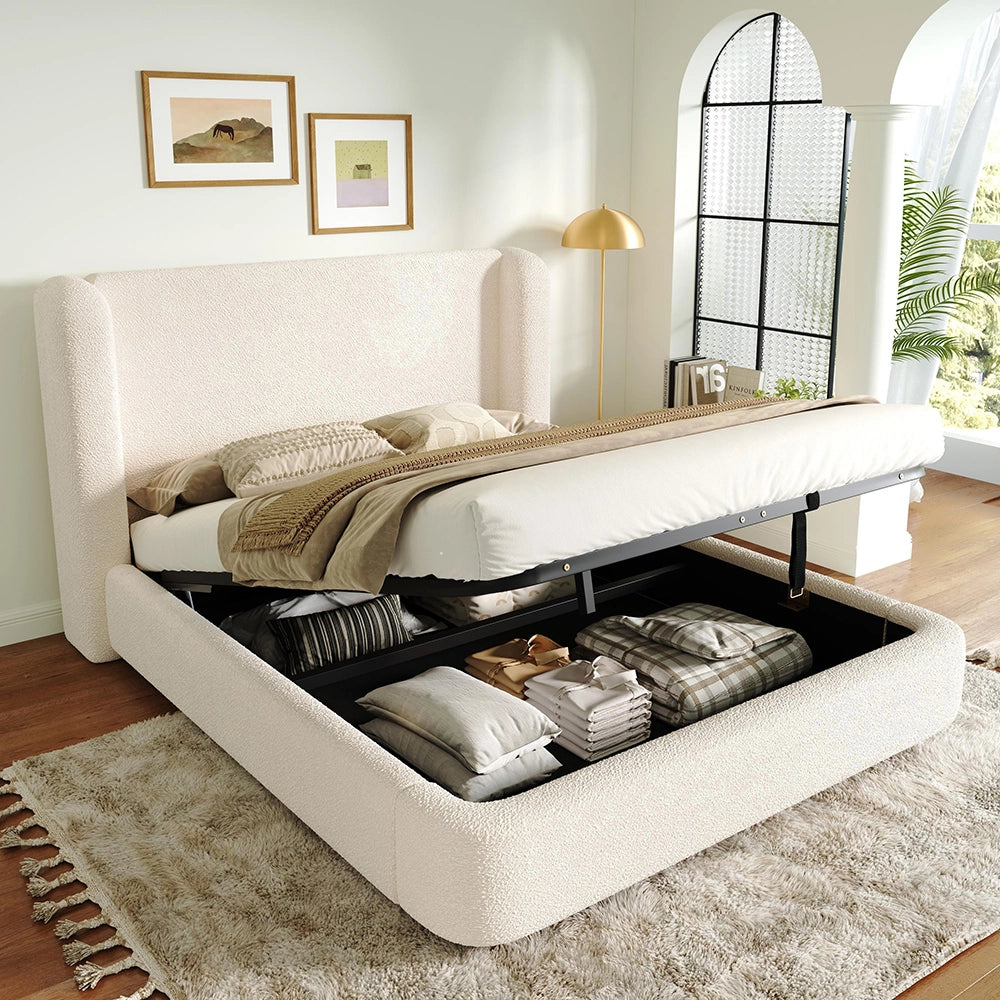 Letto doppio imbottito 160x200cm - Xylo - bouclé beige idraulico