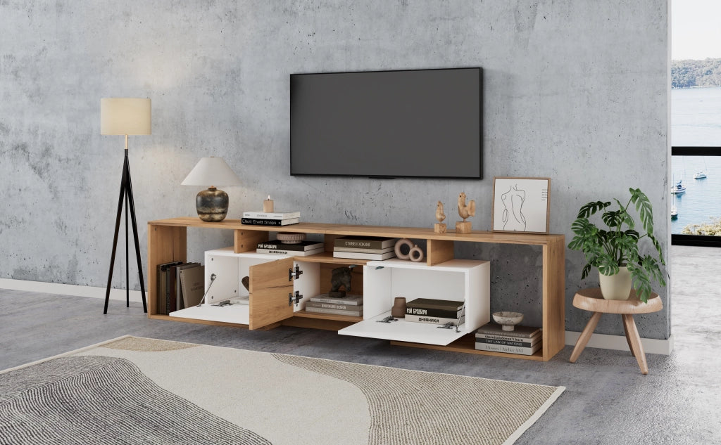 Mobile porta TV con 2 ante a ribalta, 1 anta e 3 vani aperti, per soggiorno, bianco e naturale 180 × 30 × 49 cm