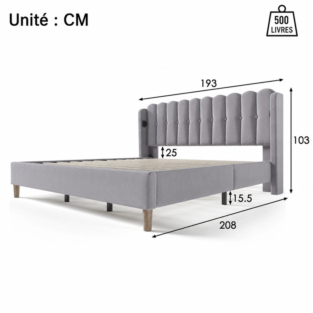 DESMIU Letto Matrimoniale 2 Posti con USB, USB-C e Testiera Imbottita 180 × 200 cm, senza Materasso, Grigio