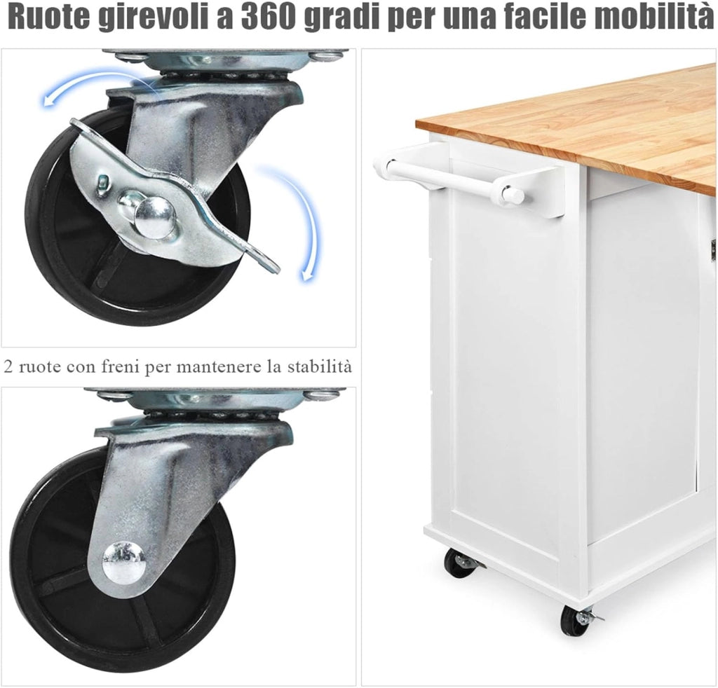 Carrello da Cucina in Legno, Credenza Cucina Salvaspazio con Mensole Regolabili, Armadietto per Microonde con Cassetti, 136 x 76 x 91 cm (Bianco)