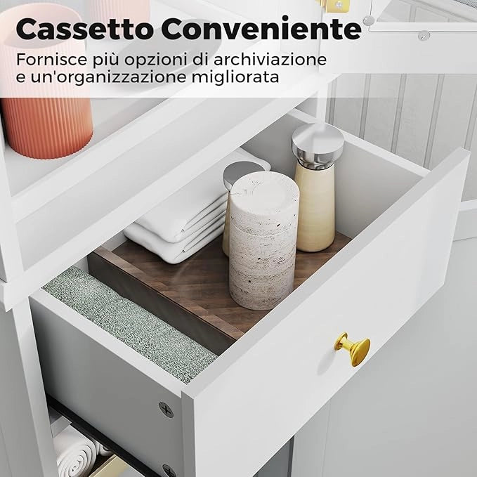 Armadietto da Bagno 40 x 30 x 168 cm, Colonna Bagno con Cassetto, 2 Ante e 3 Ripiani Regolabili, Mobiletto Salvaspazio per Cucina, Soggiorno e Ufficio (Bianco)