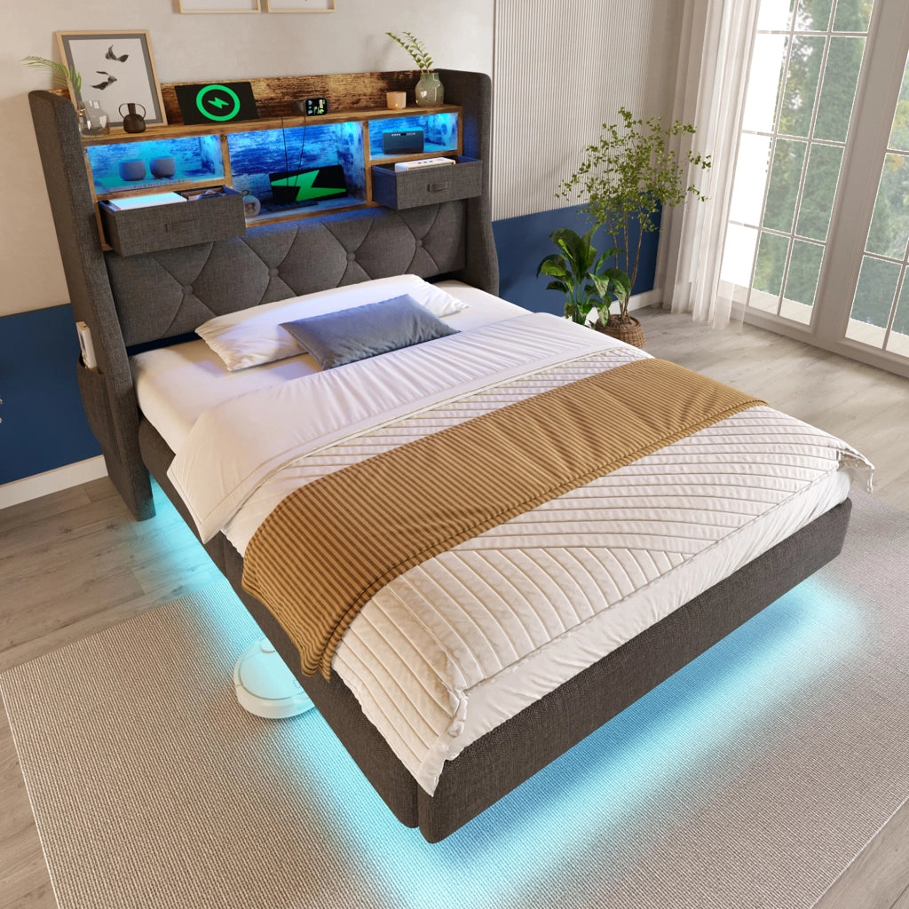 LETTO 90x200 cm Grigio in Lino con testiera LED e materasso incluso
