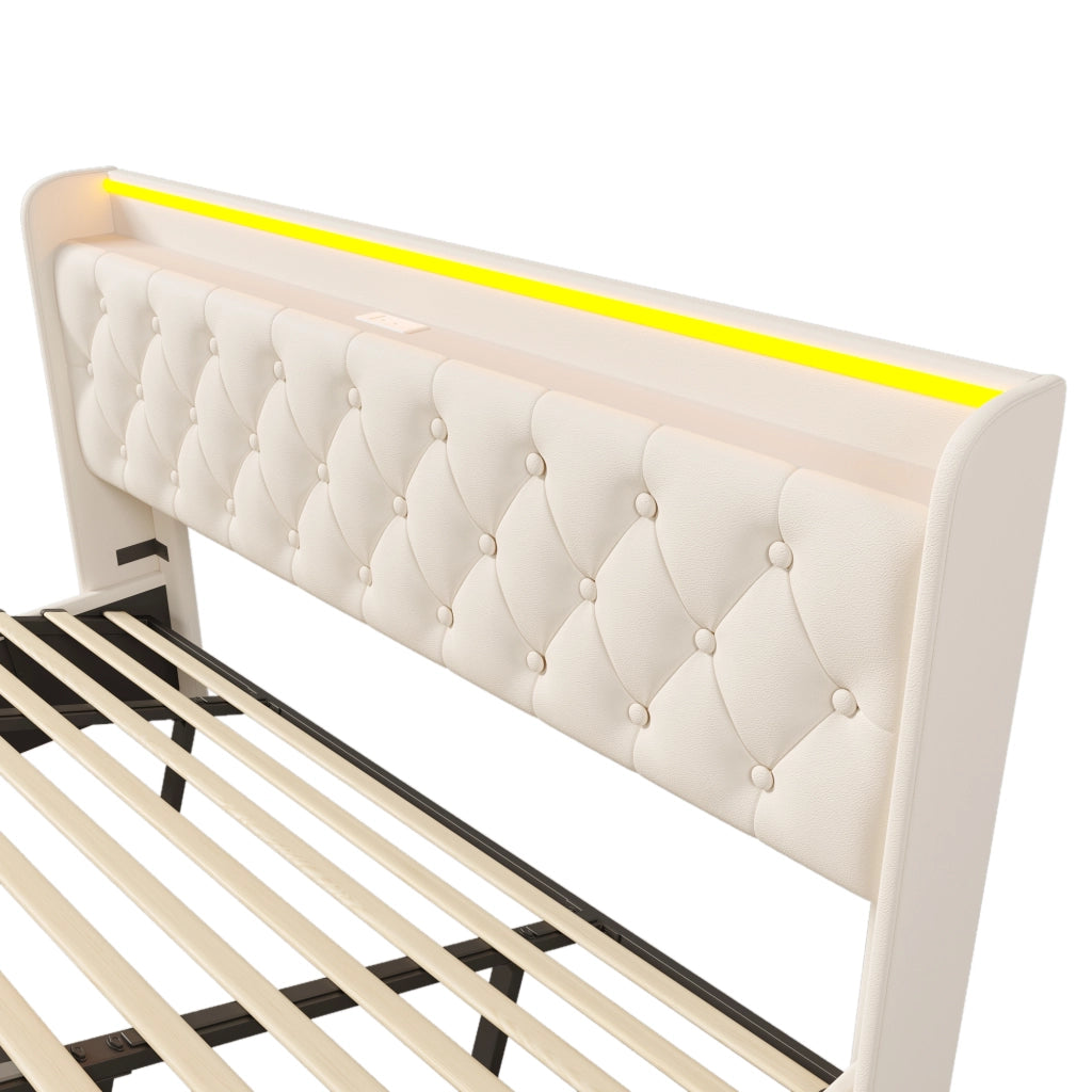 DESMIU Lit coffre 180 × 200 cm 2 places avec LED 360°, USB et Type-C, sans matelas, en PU, blanco