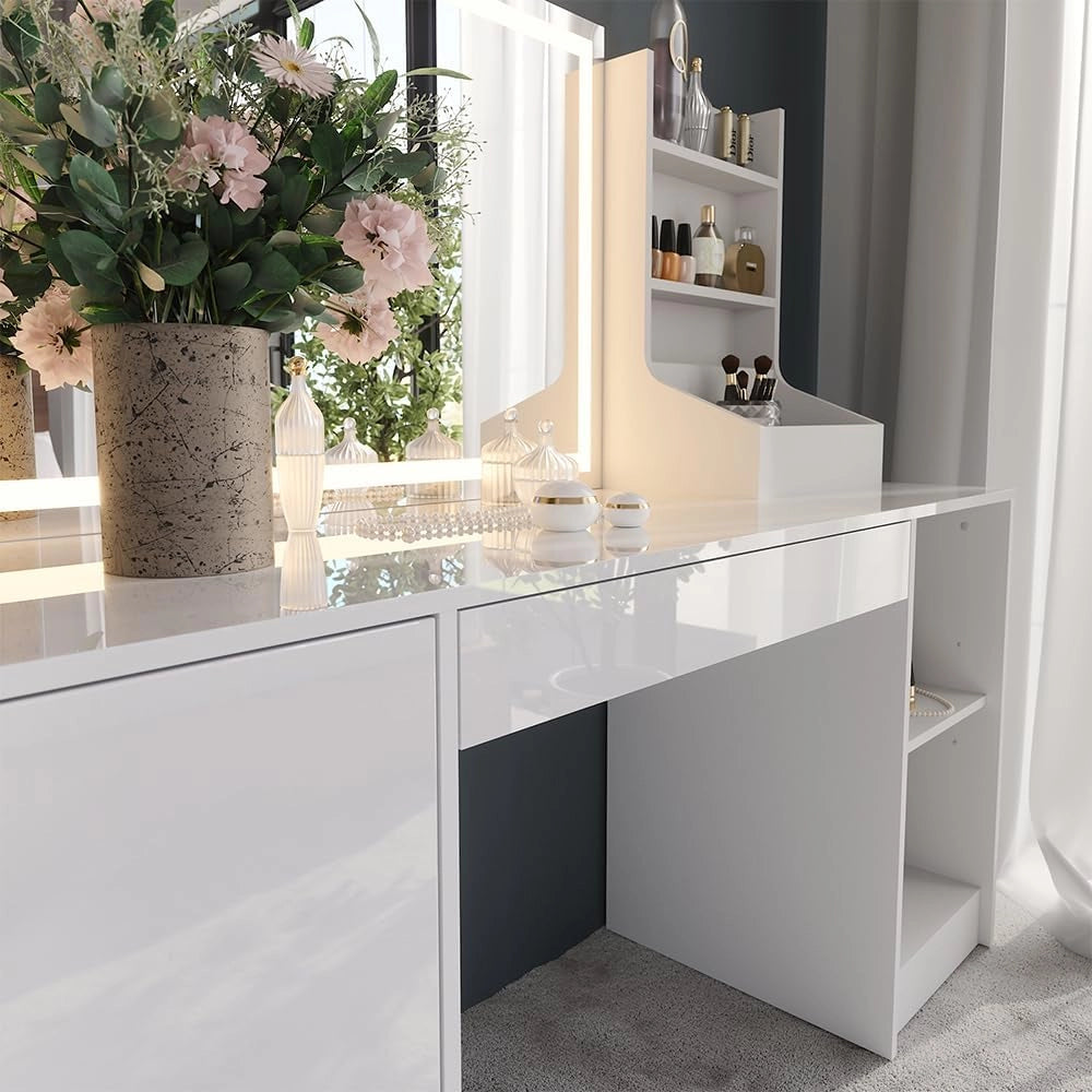 Tavolo da toeletta Sherry, Bianco/bianco lucido, 158.2 cm 3 parti