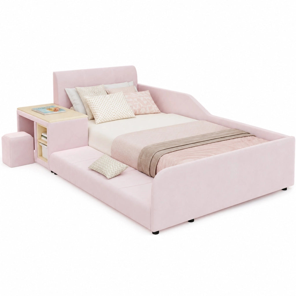 Letto per Bambini 90x200 cm - Scrivania; Sgabello e Ripiano - in Velluto - Rosa