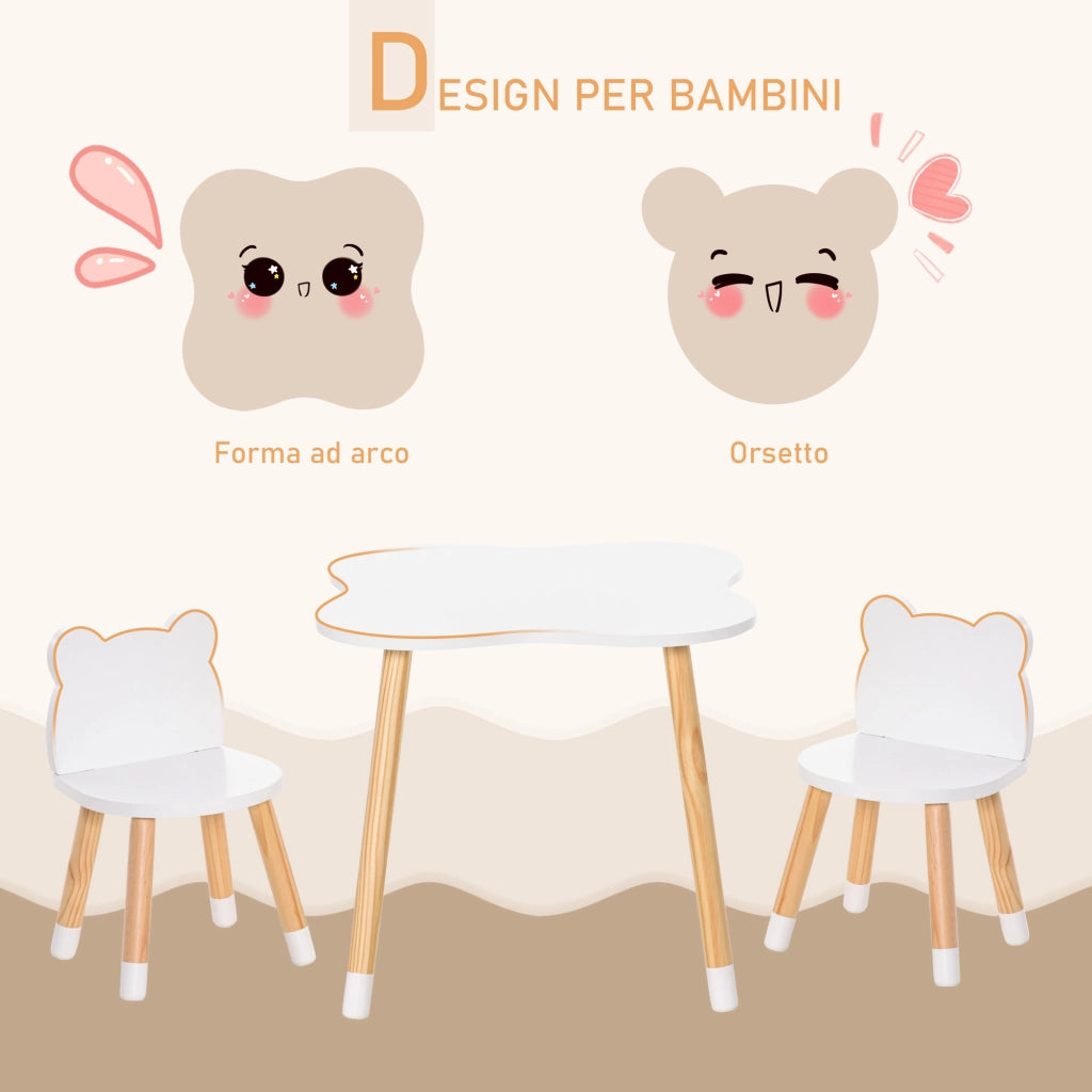 Set Tavolino con 2 Sedie per Bambini a Forma di Orsetto in Legno. Bianco