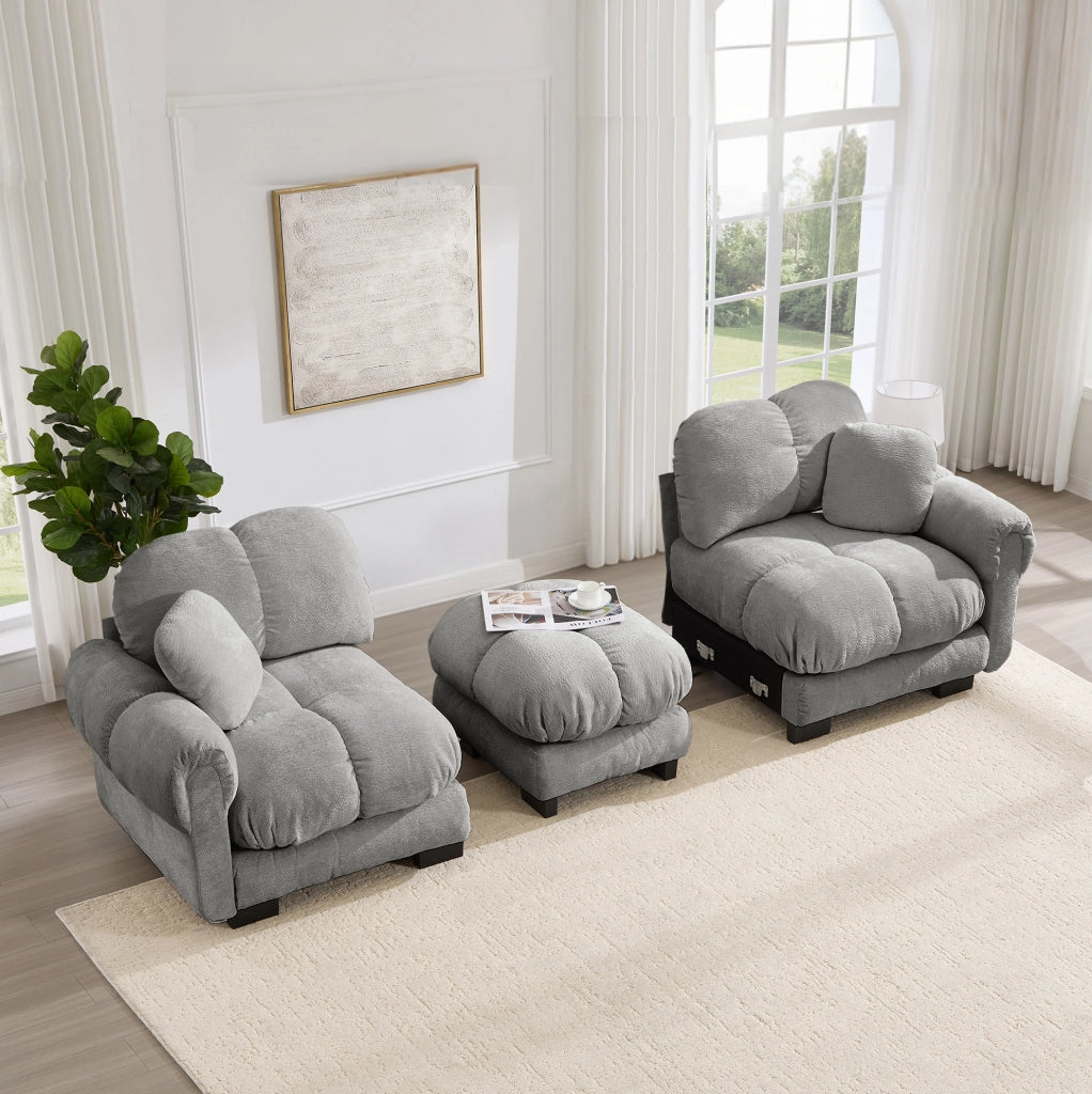 Divano angolare modulare 2 posti in chenille grigio chiaro con pouf mobile e cuscini spessi 190x149x90 cm