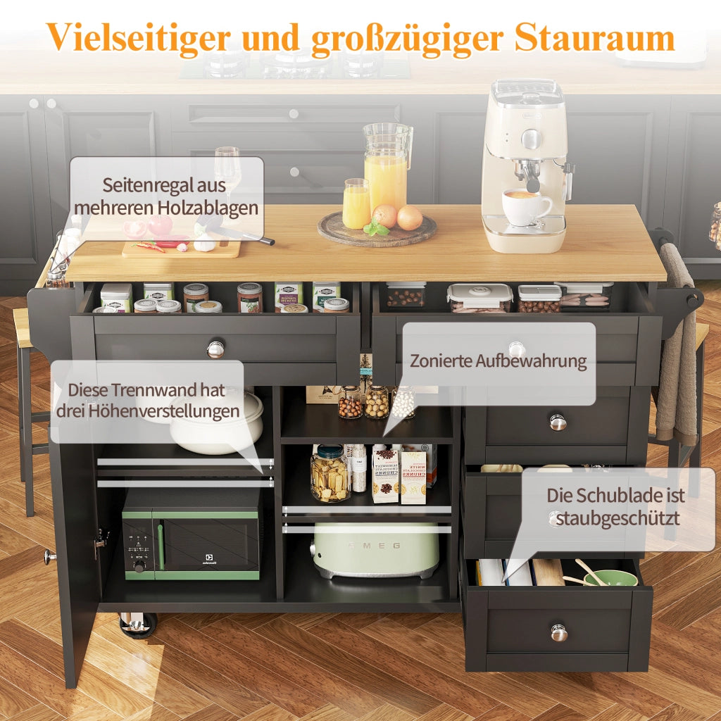 OKWISH Carrello da cucina con 5 cassetti, 1 armadietto, 2 vani, ripiano regolabile e ruote, per cucina, 134×46×92 cm