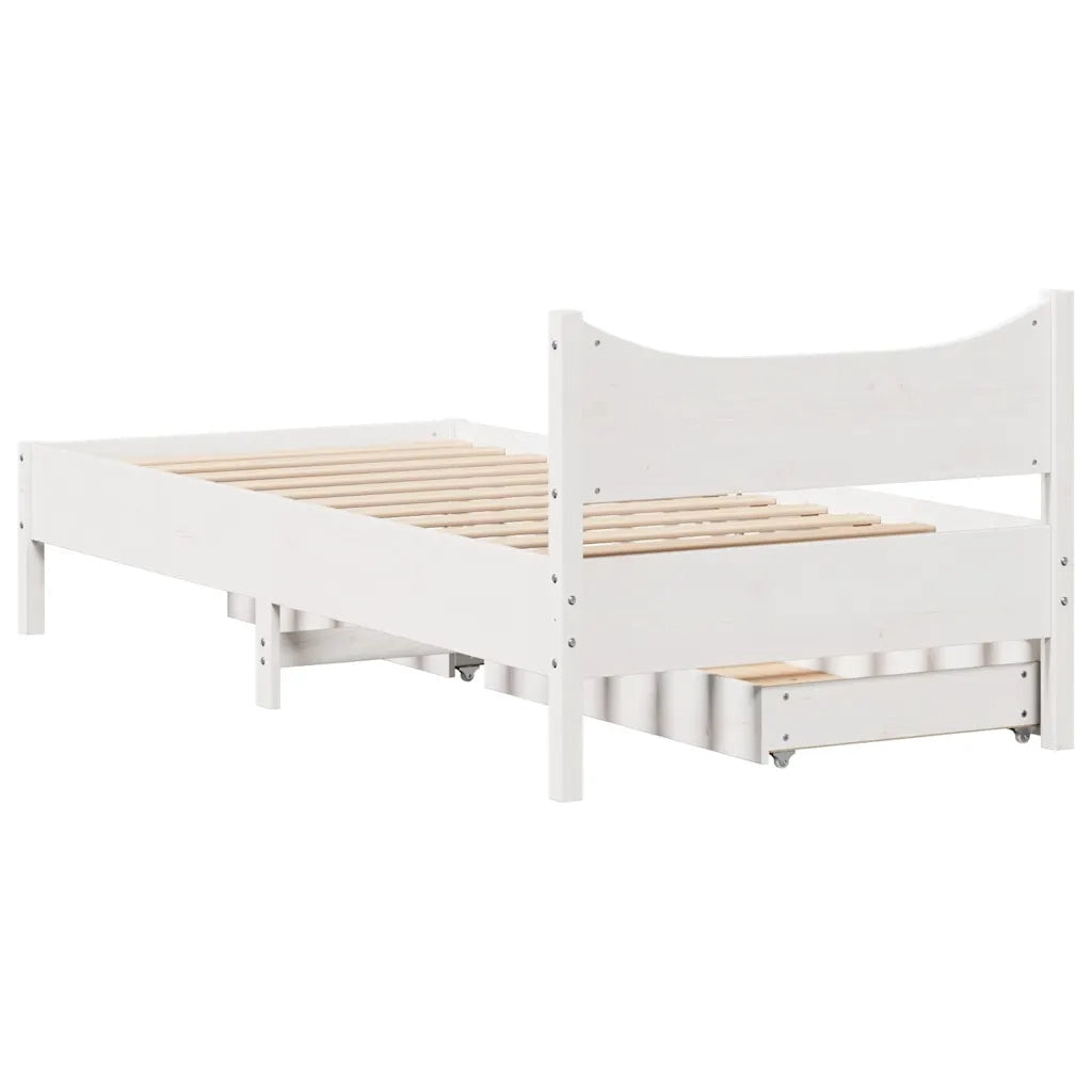 Letto singolo | Letto per adulti | Giroletto con Cassetti Bianco 75x190 cm Legno Massello di Pino