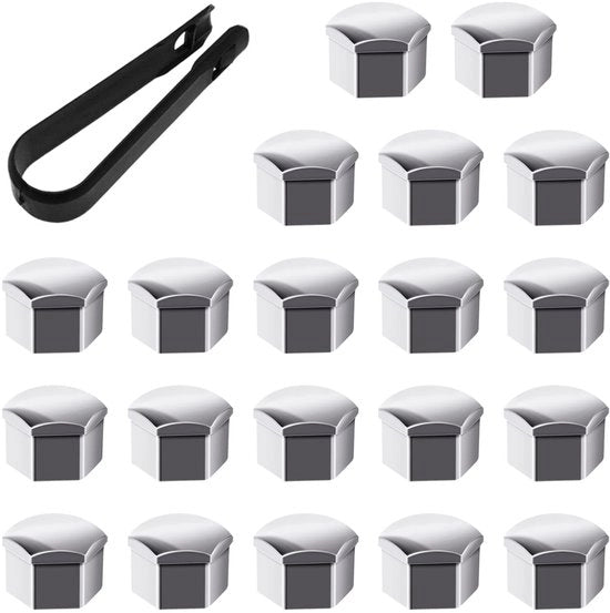 Cappotti per ruote 17 mm - 20 pezzi - Plastica argentata - Incluso clip - Resistente alla corrosione - Materiale duraturo - Cappotto per ruote