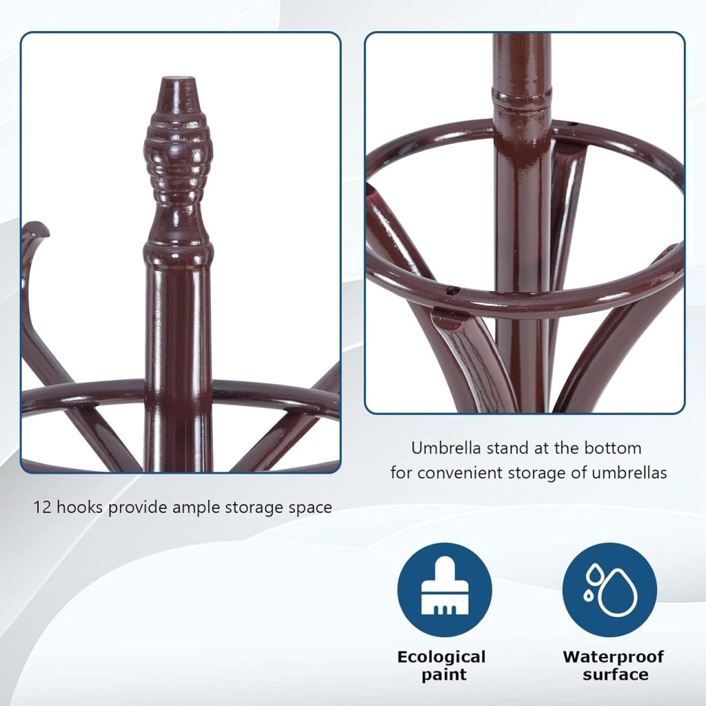 Appendiabiti da 184 cm, Scaffale per Abiti e Cappelli, Appendiabiti in Legno con 12 Ganci, Supporto per Ombrellone, Portabiti Autoportante, per Ingresso, Ufficio, Soggiorno (Marrone)