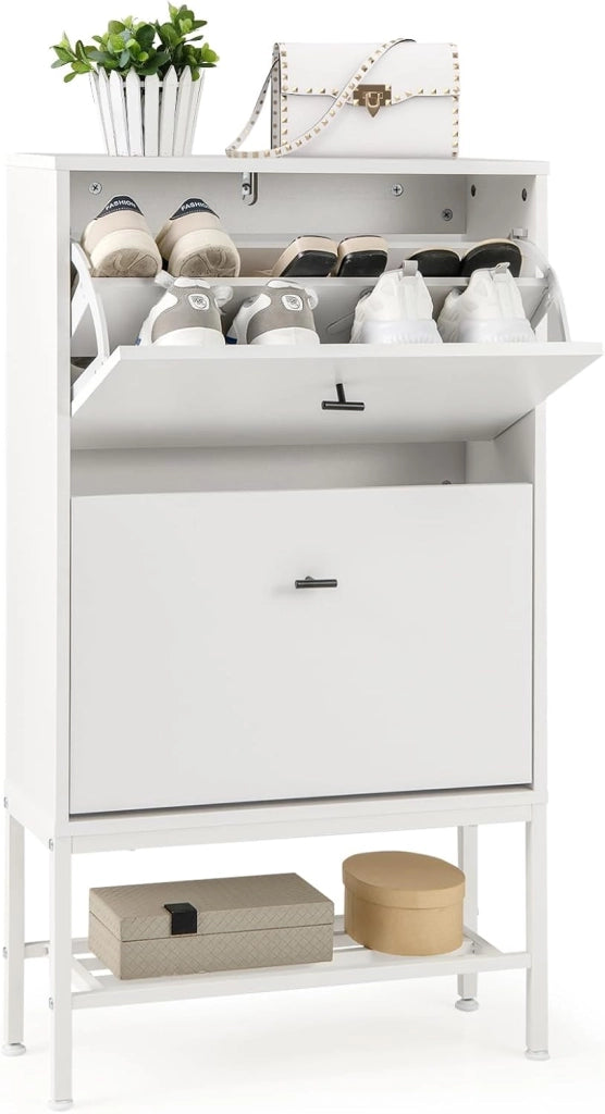 Scarpiera con Ripiano Nascosto, 2 Cassetti e Supporto in Metallo, Gambe Regolabili, Organizzatore per Scarpe, Borse, Tacchi, 60 x 24 x 106 cm.