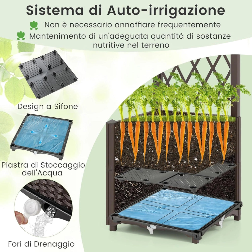 Letto da Giardino Elevato con Trellis a Lattice, Fioriera Autoinnaffiata per Piante Rampicanti, Fiori e Verdure, Fioriera Verticale da Interni e Esterni (Marrone,40 x 40 x 140 cm)