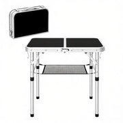 Tavolo da giardino bistrot pieghevole con rete portaoggetti e 4 altezze regolabili per esterno in MDF e alluminio 60x40 cm nero