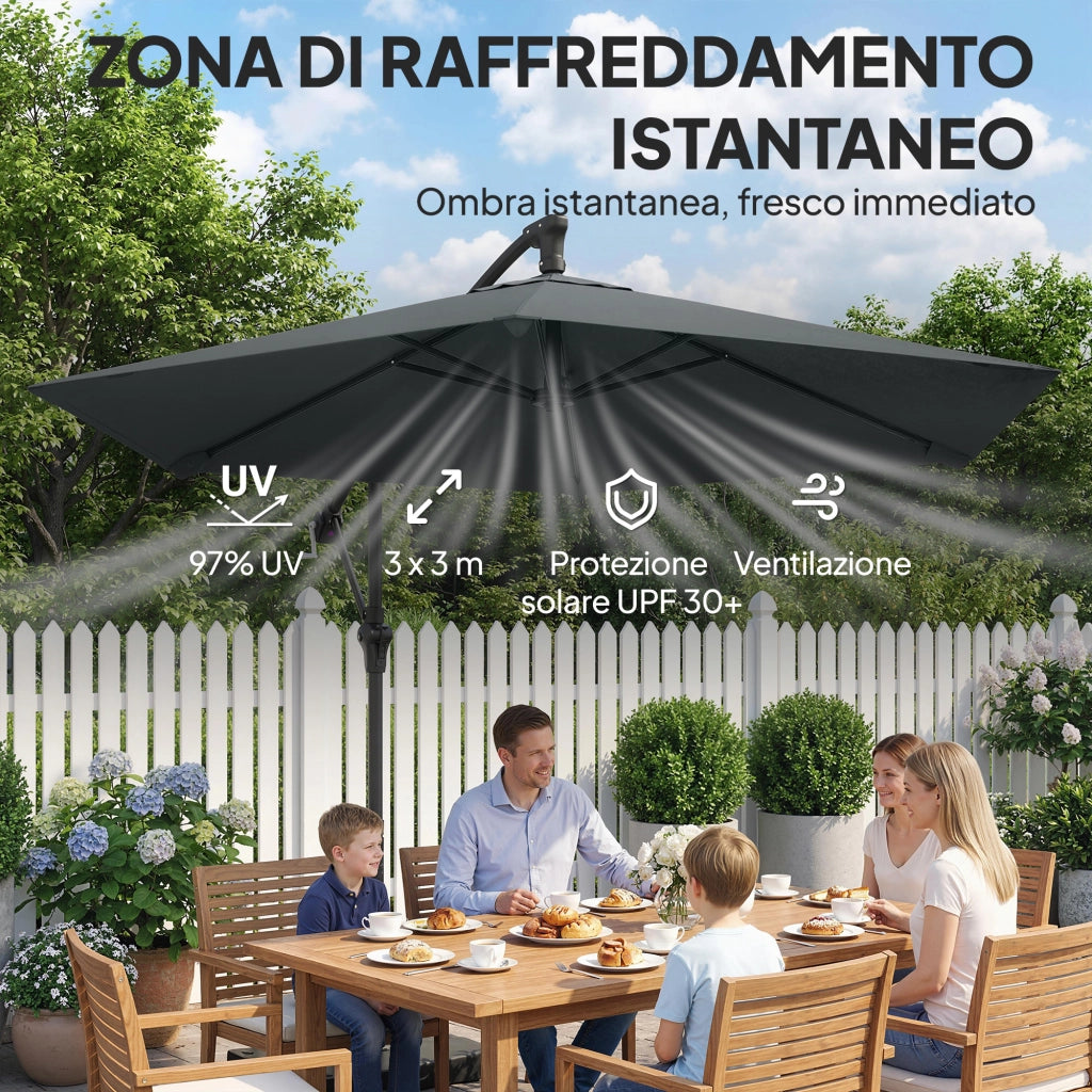 Ombrellone a Sbalzo 302x295x242 cm con Base a Croce in Metallo e Poliestere Grigio Scuro