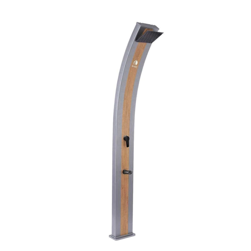 SINED Doccia Solare Grigia in Alluminio con Fascia in Legno Serbatoio da 40 Litri Altezza 224 cm Miscelatore e Rubinetto Lavapiedi Modello Ella
