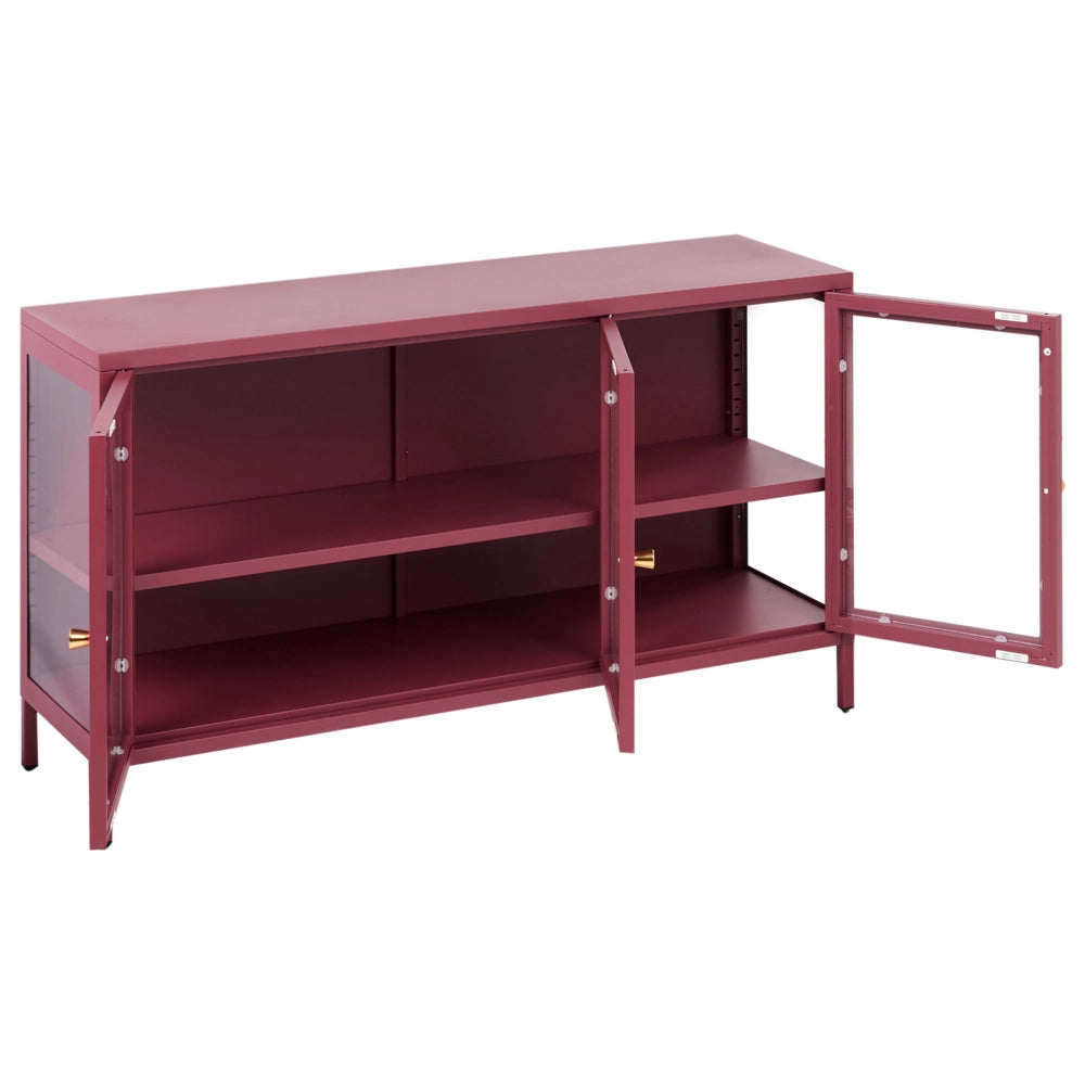 Credenza in acciaio con vetro temperato a 3 ante e ripiani regolabili rosso scuro arredi per il soggiorno dal design moderno.