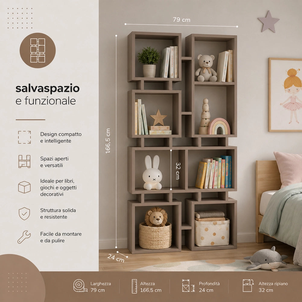 Libreria Moderna 4 Ripiani 79x24x166,5 cm Design Geometrico Tortora