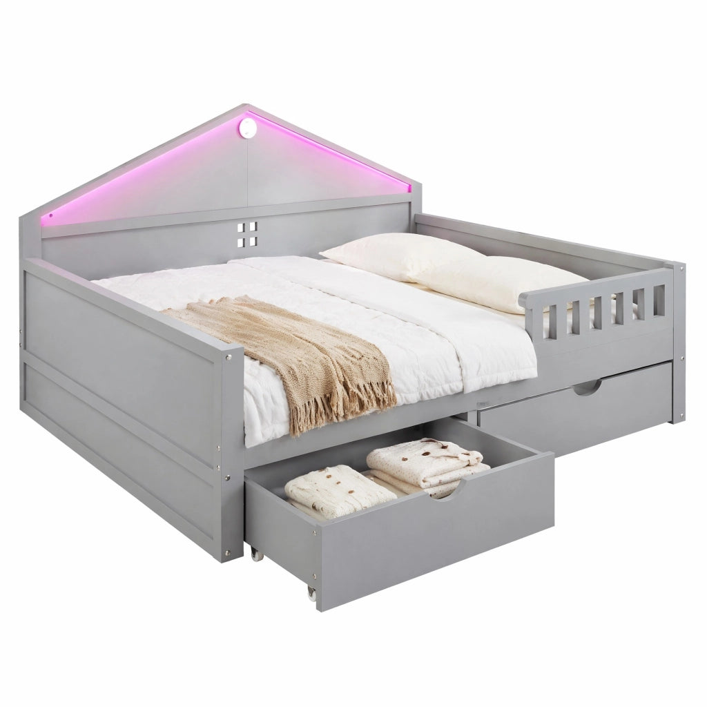 Letto singolo 140 × 200 cm con 2 cassetti LED controllabile da smartphone rete a doghe in legno e MDF grigio