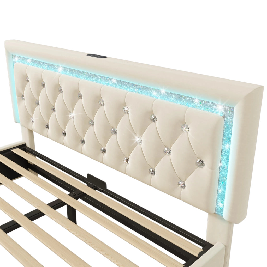 Letto imbottito 140x200 cm con contenitore; LED e ricarica USB Type-C in velluto beige