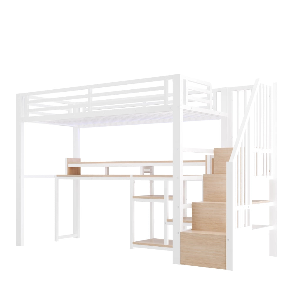 Letto a soppalco singolo 90×200 cm con scala a ripiani; USB; Type-C e LED; senza materasso; metallo e MDF; bianco