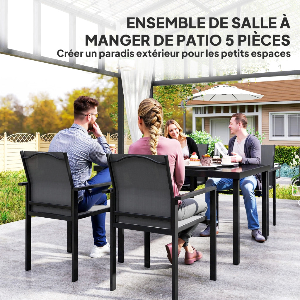 Tavolo da pranzo esterno con 4 sedie impilabili ¨C Xylo ¨C Piano in vetro temperato 140 cm nero