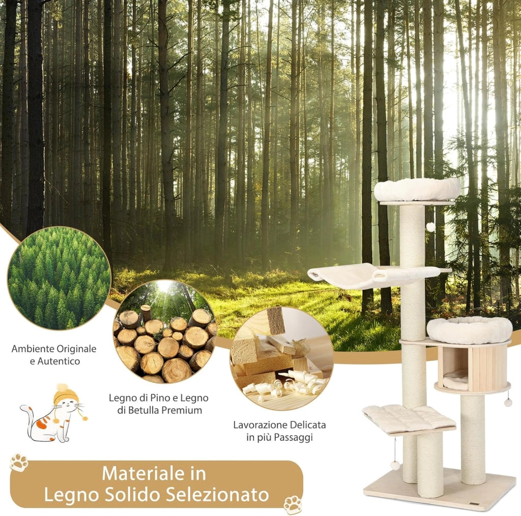 Albero per Gatti in Legno Massiccio da 174 CM, Torre per Gatti a 4 Livelli con Pali Sisal, Nicchia per Gatti, Trespoli, Amaca, Palline, Albero Tiragraffi per Gattini e Gatti Adulti