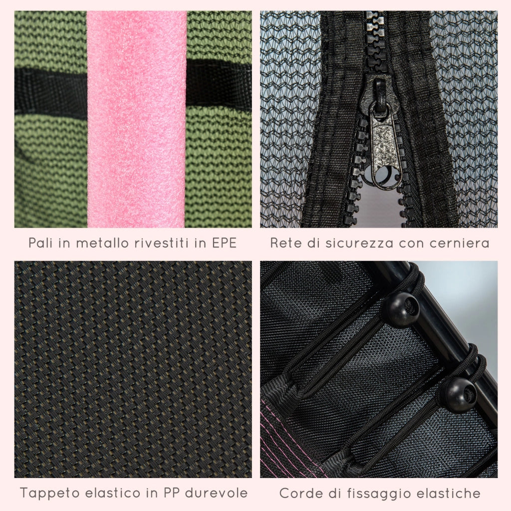 Trampolino Tappeto Elastico per Bambini con Ingresso a Cerniera e Pali Imbottiti Ø163.5x190 cm in Acciaio, PP e EPE Rosa