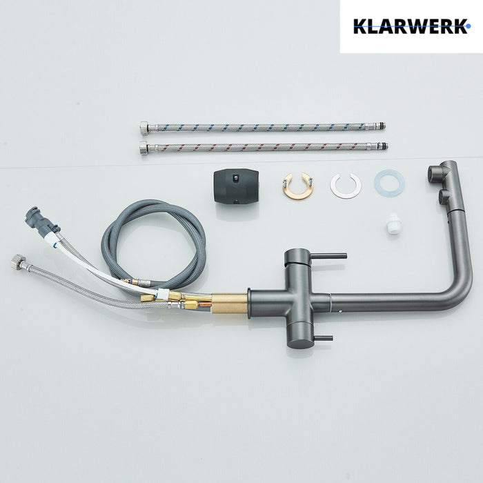 Felix | miscelatore estraibile 3 vie premium grigio titanio opaco | rubinetto da cucina a osmosi in acciaio inox| 360 gradi rotabile filtro 3 attacchi