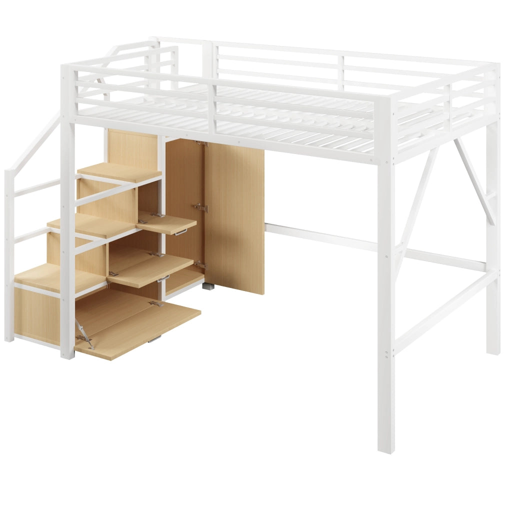 Letto a soppalco ULEVR 140x200 cm con 3 mobili contenitore, guardaroba, LED Bluetooth e scala, bianco