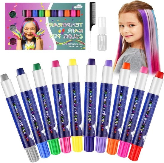 Crayoni per Capelli in 10 Colori - Matite per Capelli Temporanei, Lavabili e Non Tossici, Inclusi Pennello e Flacone di Spray