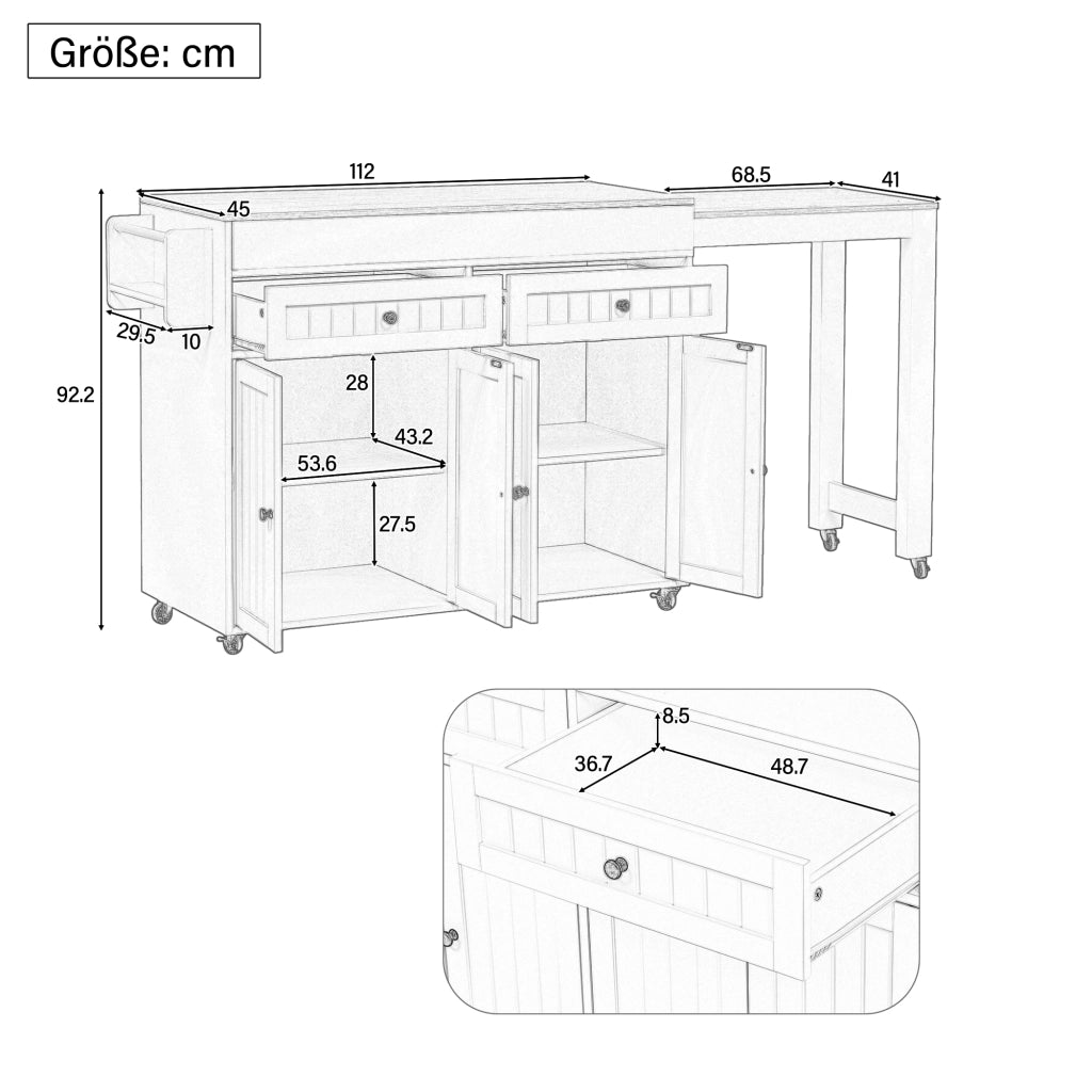 Isola da Cucina con Piano Estensibile e 7 Ruote per Cucina e Sala da Pranzo in MDF 112-180;5x45x92;2 cm Grigio e Naturale