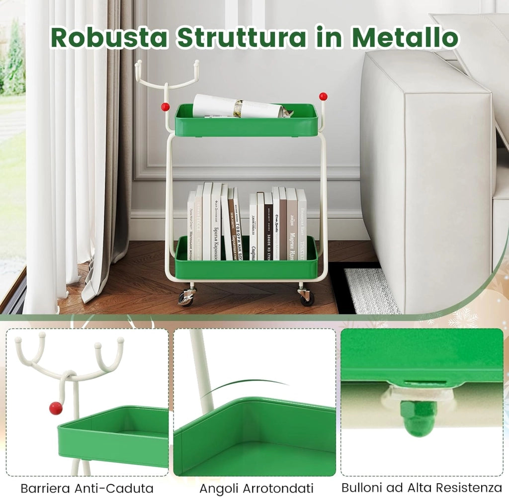 Carrello Portaoggetti con Ruote, Carrello Natalizio a 2 Ripiani con Ganci Superiori e Struttura in Metallo, Scaffale Decorativo di Renne, per Cucina, Soggiorno e Bagno, 55,5 x 28,5 x 66,5 cm