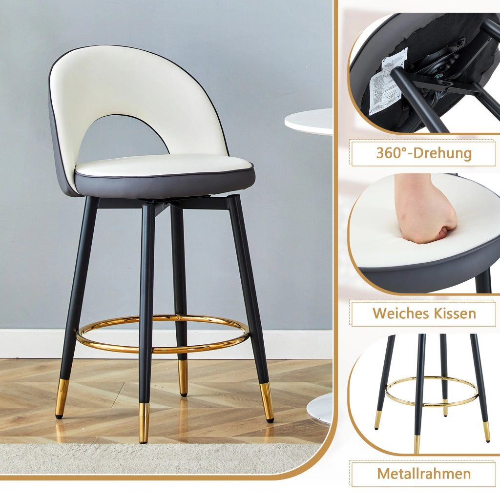 Set di 2 Sgabelli da Bar Girevoli con Schienale Traforato; Stile Moderno; Metallo e Similpelle; Grigio Scuro e Bianco