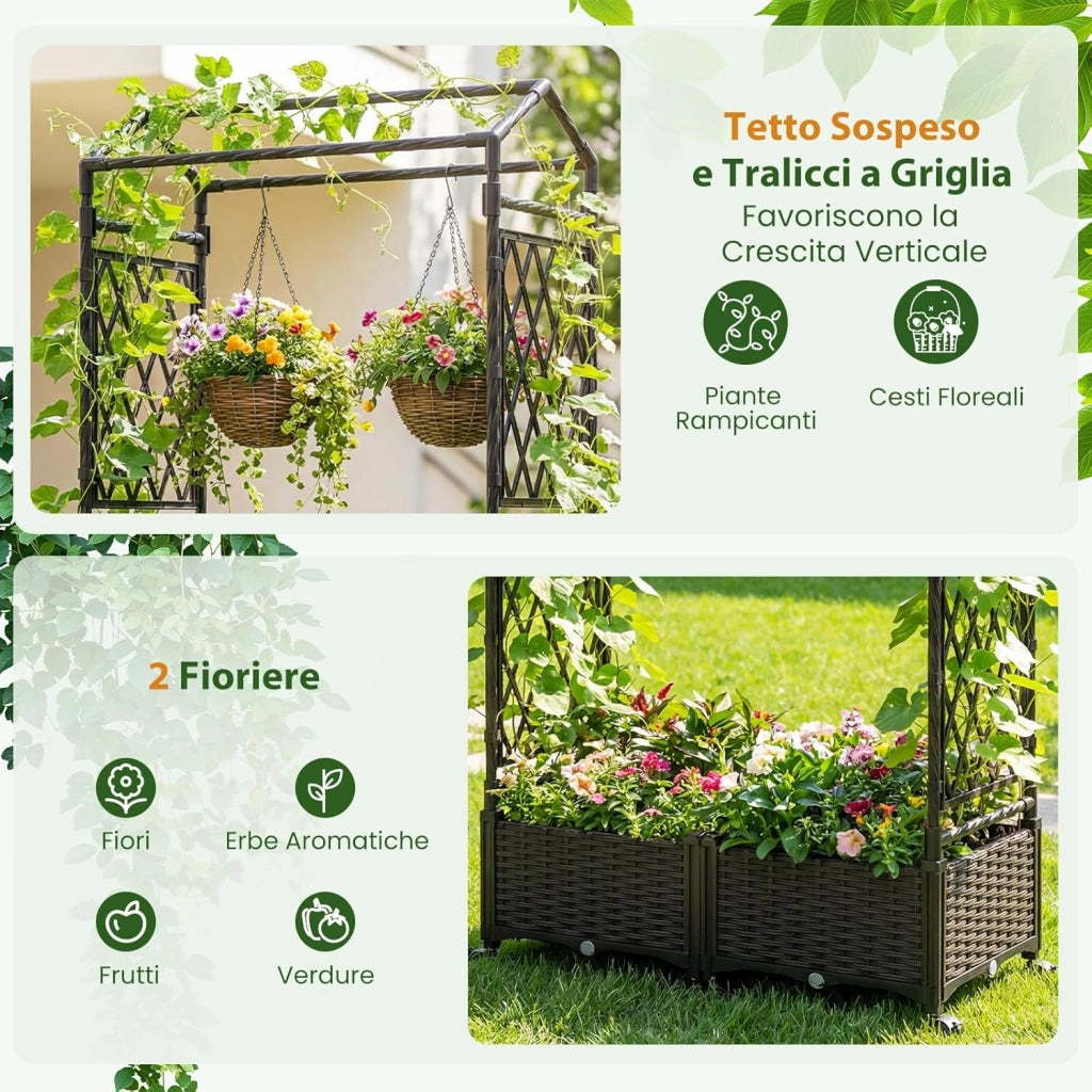 Fioriera Rialzata da Giardino con Grigliato, Tetto, Ruote Bloccabili e Irrigazione Automatica, Letto da Giardino Rialzato Alto in Rattan Impermeabile per Piante Rampicanti (Marrone)
