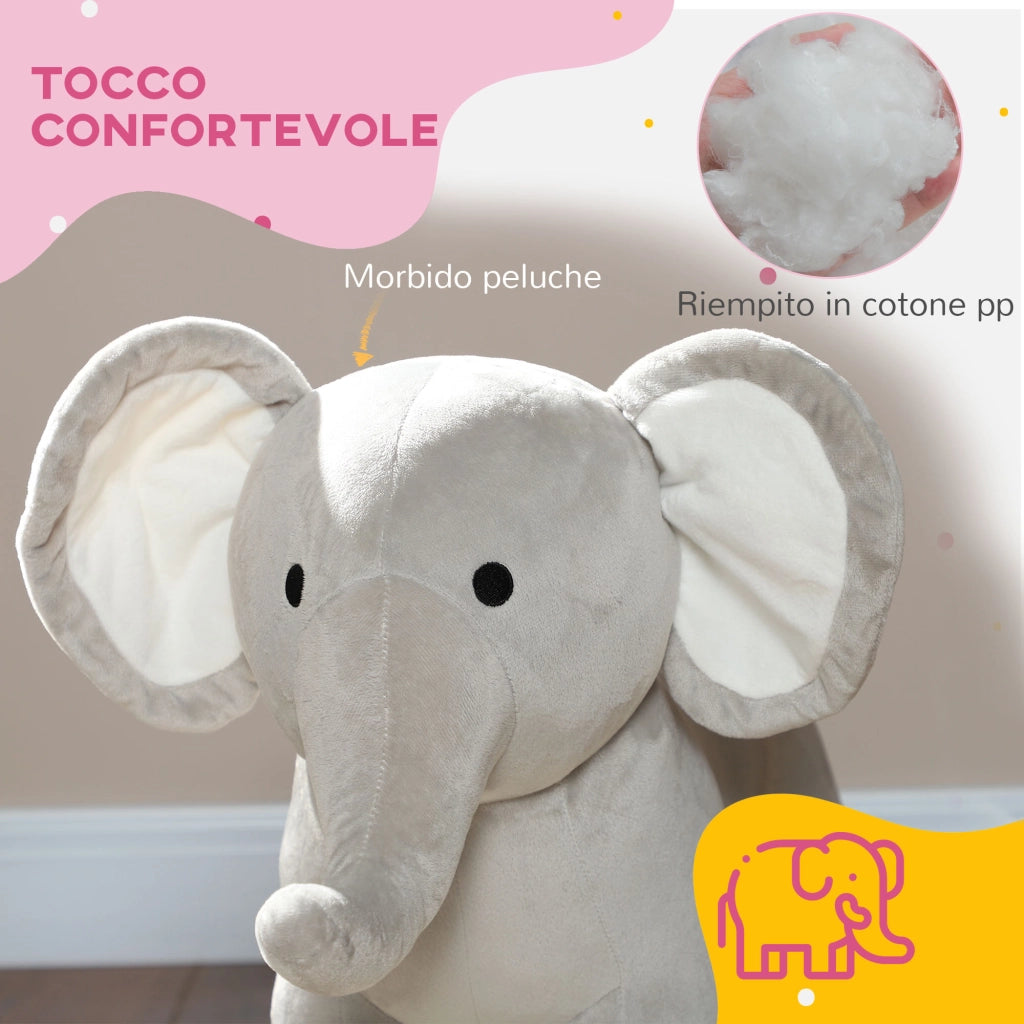 Cavallo a Dondolo per Bambini 2-4 Anni a Forma di Elefante con Suoni e Rivestimento Morbido, Grigio