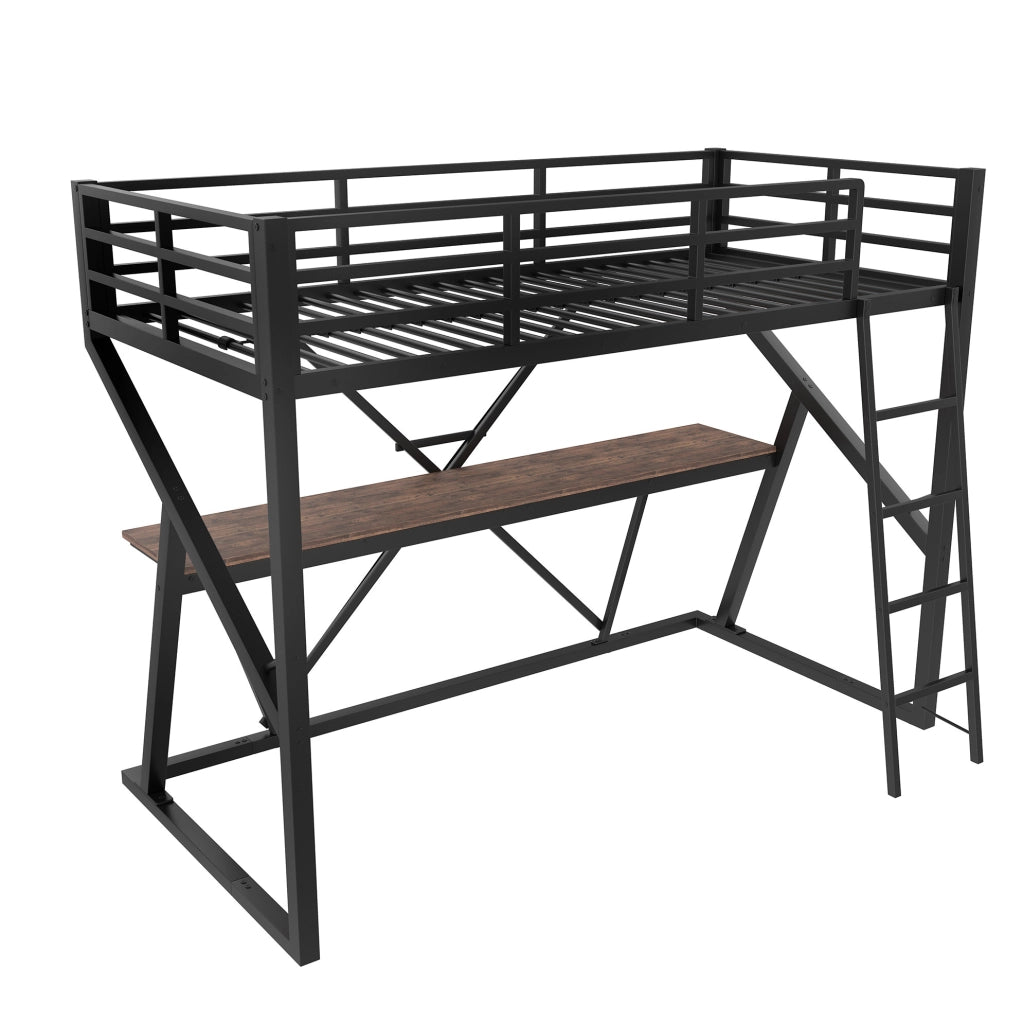 Letto a soppalco per bambini 90x200 cm in metallo e MDF; nero; con LED; scrivania e scala