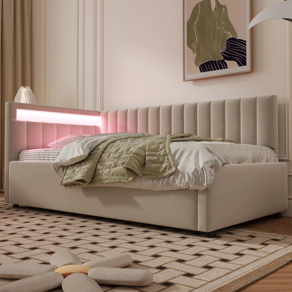 Letto imbottito 90x200 cm con LED e vano idraulico in velluto beige