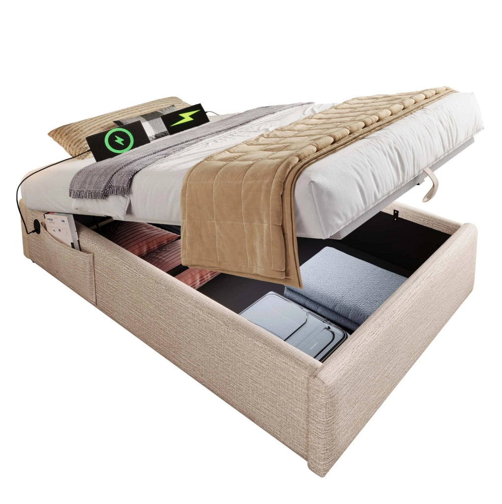 Letto imbottito con contenitore 90x200 cm in lino naturale; struttura con USB e Type-C