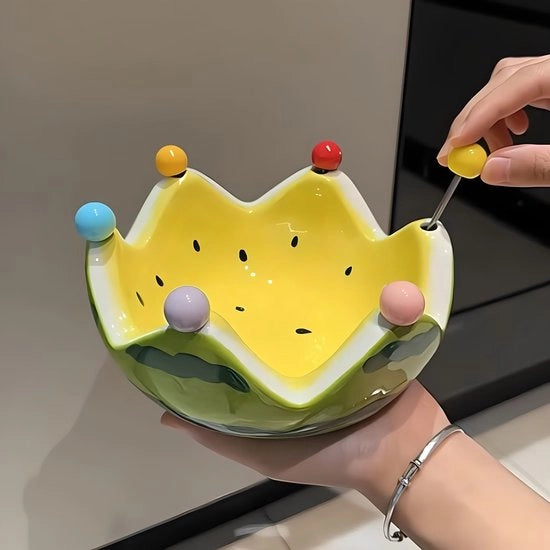 Set di piatti ceramici in forma di melone con 6 forchette in acciaio inossidabile - Servizio da tavola colorato per feste estive, insalate di frutta, pic nic e attività all'aperto.