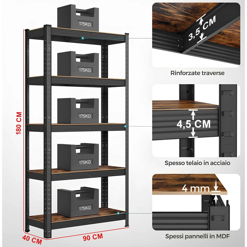 KIT 2 SCAFFALI 5 RIPIANI IN  ACCIAIO E MDF INDUSTRIAL 90x40x180