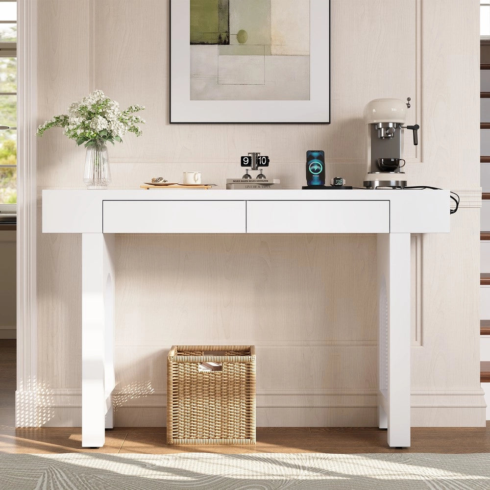 Consolle Ingresso con Cassetti e Presa Elettrica ¨C MINIMAL ¨C Bianco, Slim, Salvaspazio