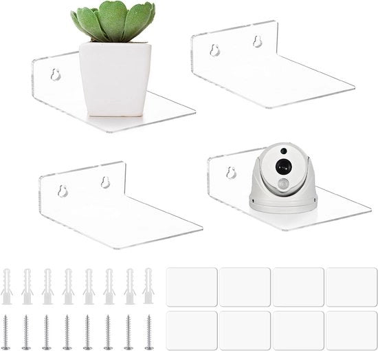 Set di 4 piccole lastre di acrilico galleggiante 10 cm trasparenti con adesivo self-locking senza viti visibili con 8 viti e 8 adesivi lastre per piante quadrata senza perforazione