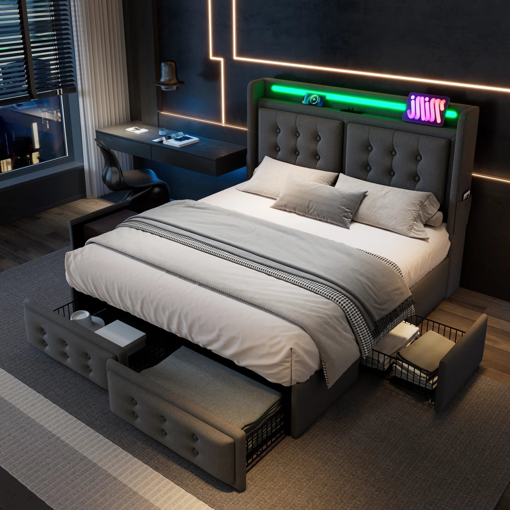 LETTO 160x200 cm in cotone e metallo con 4 cassetti e LED, grigio