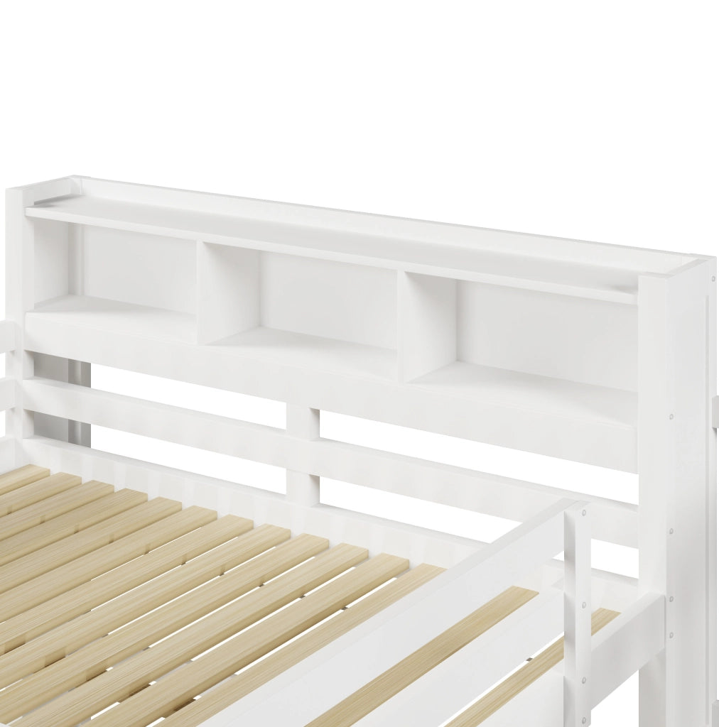 Letto a soppalco 140x200 cm bianco con LED, scala contenitore e spazio inferiore